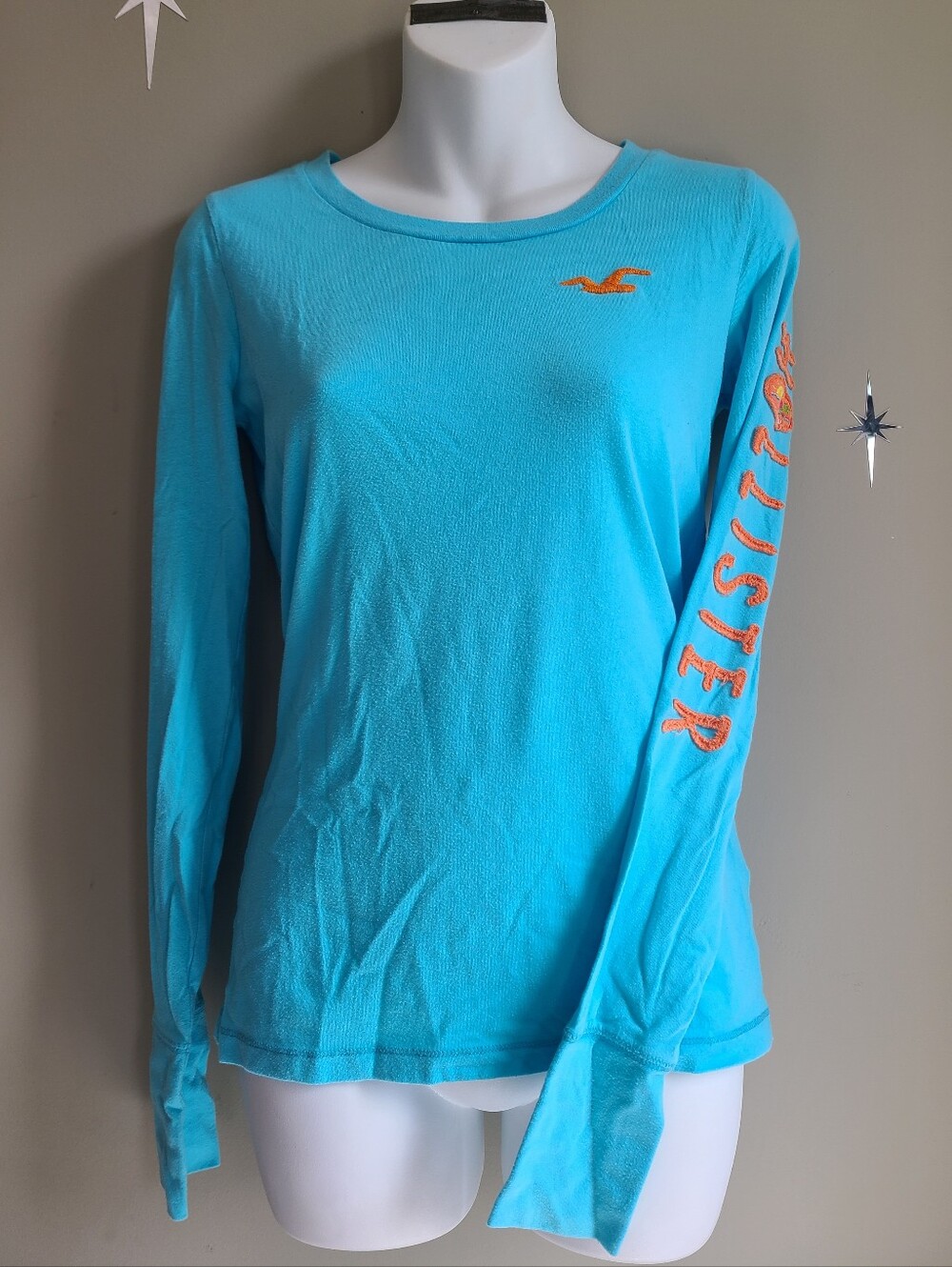 VTG Hollister Y2K Turquoise Blue Long Sleeve Tee Embroidery Medium